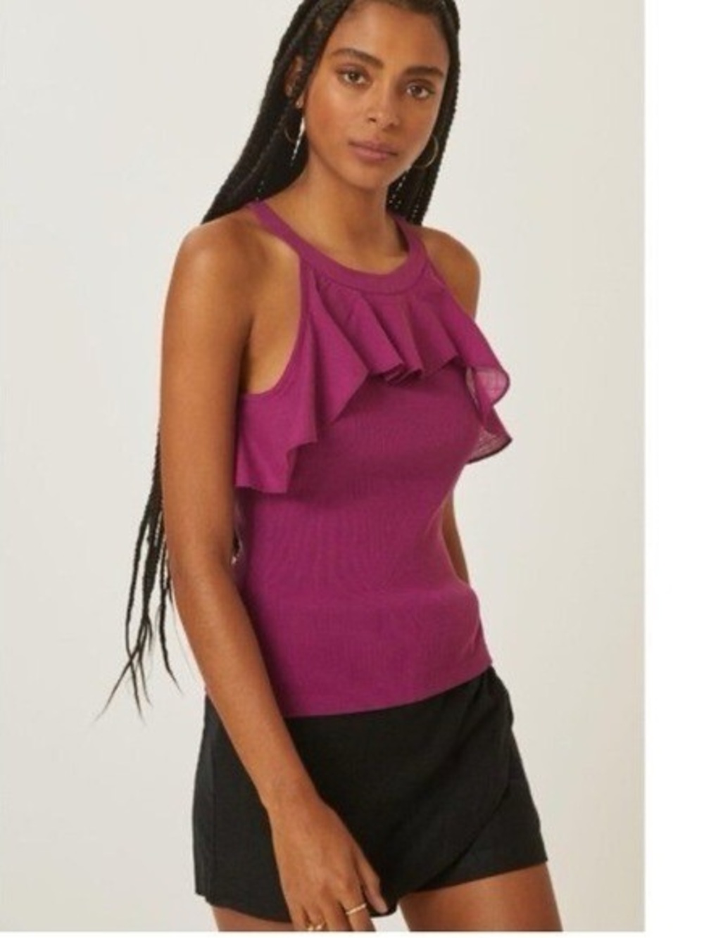 Anthropologie Maeve Magenta Ruffle-Front Sleeveless Knit Tank